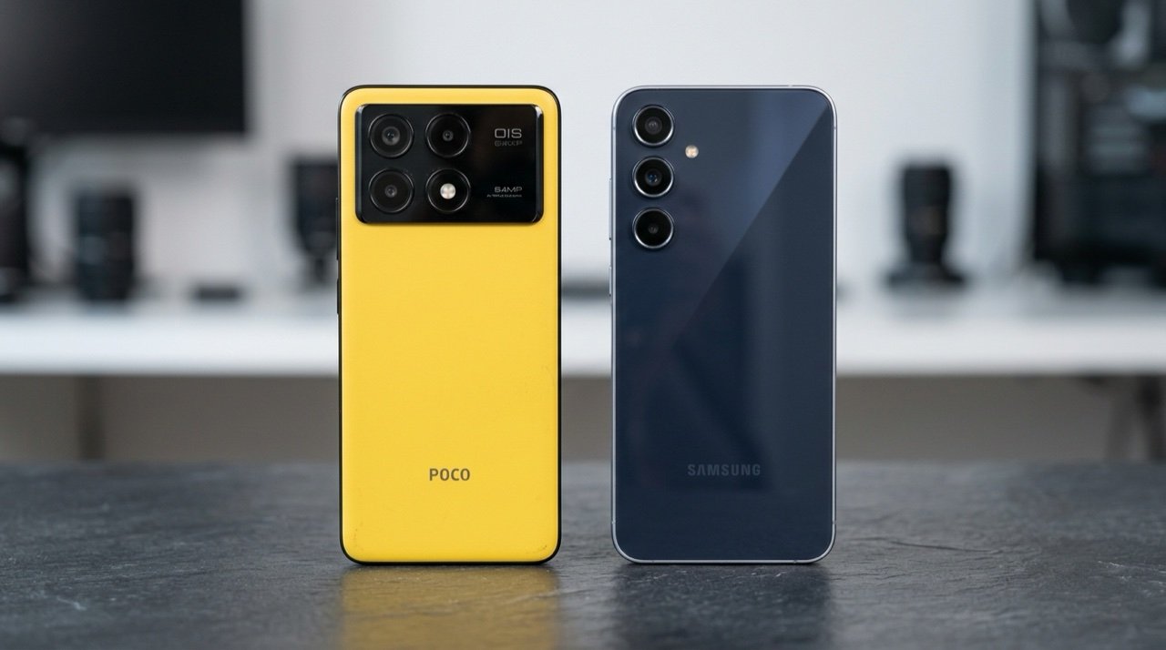 Poco X6 Pro amarelo e Samsung Galaxy A55 lado a lado em teste comparativo de bancada