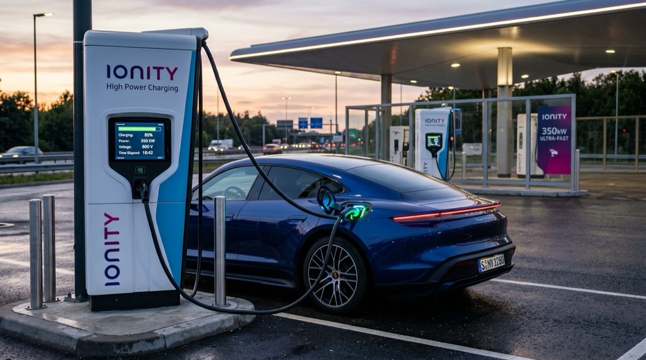 Carro eletrico esportivo conectado a carregador ultrarrapido de 800V e alta potencia