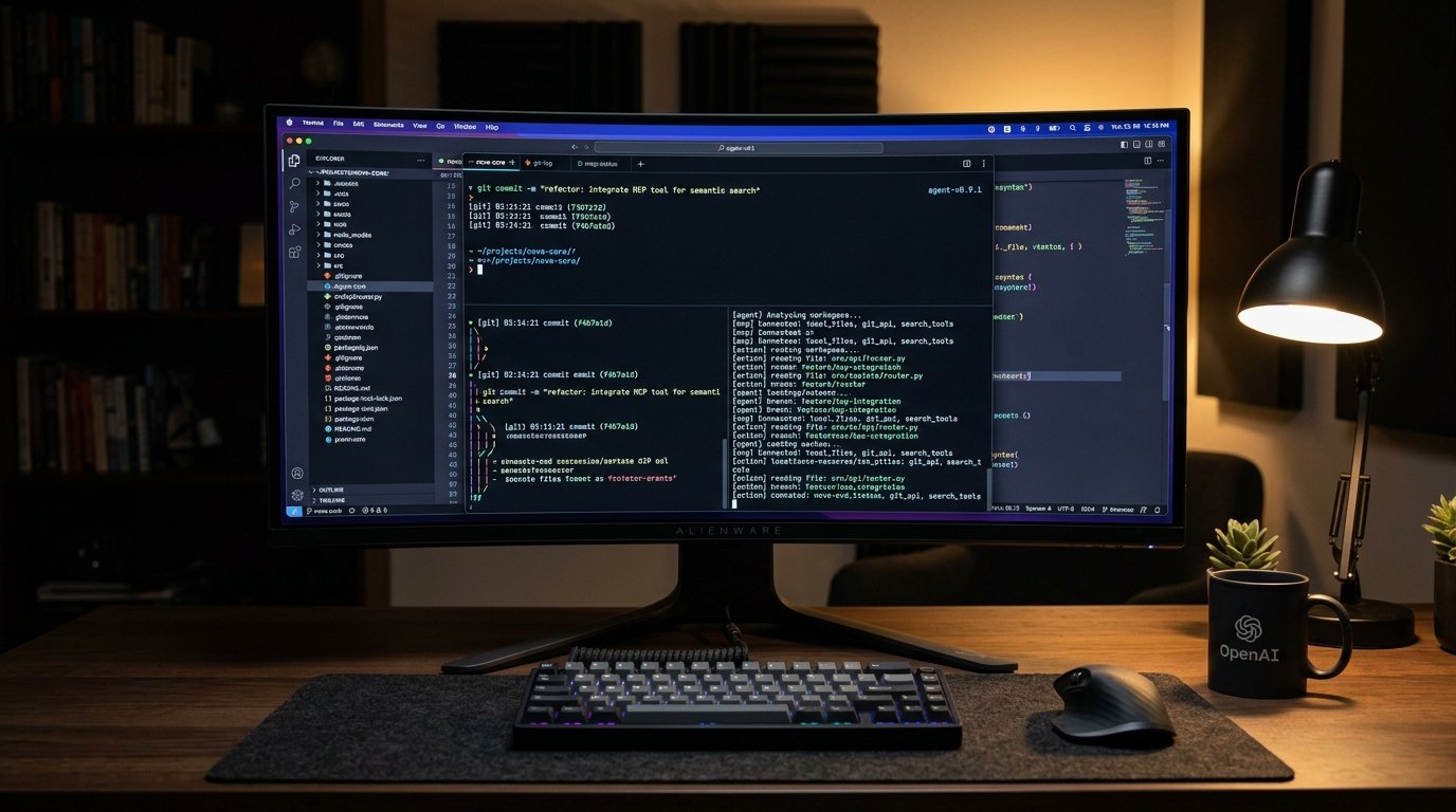 Monitor widescreen curvo com terminal dark mode executando agente de programação Claude Code integrado via Model Context Protocol