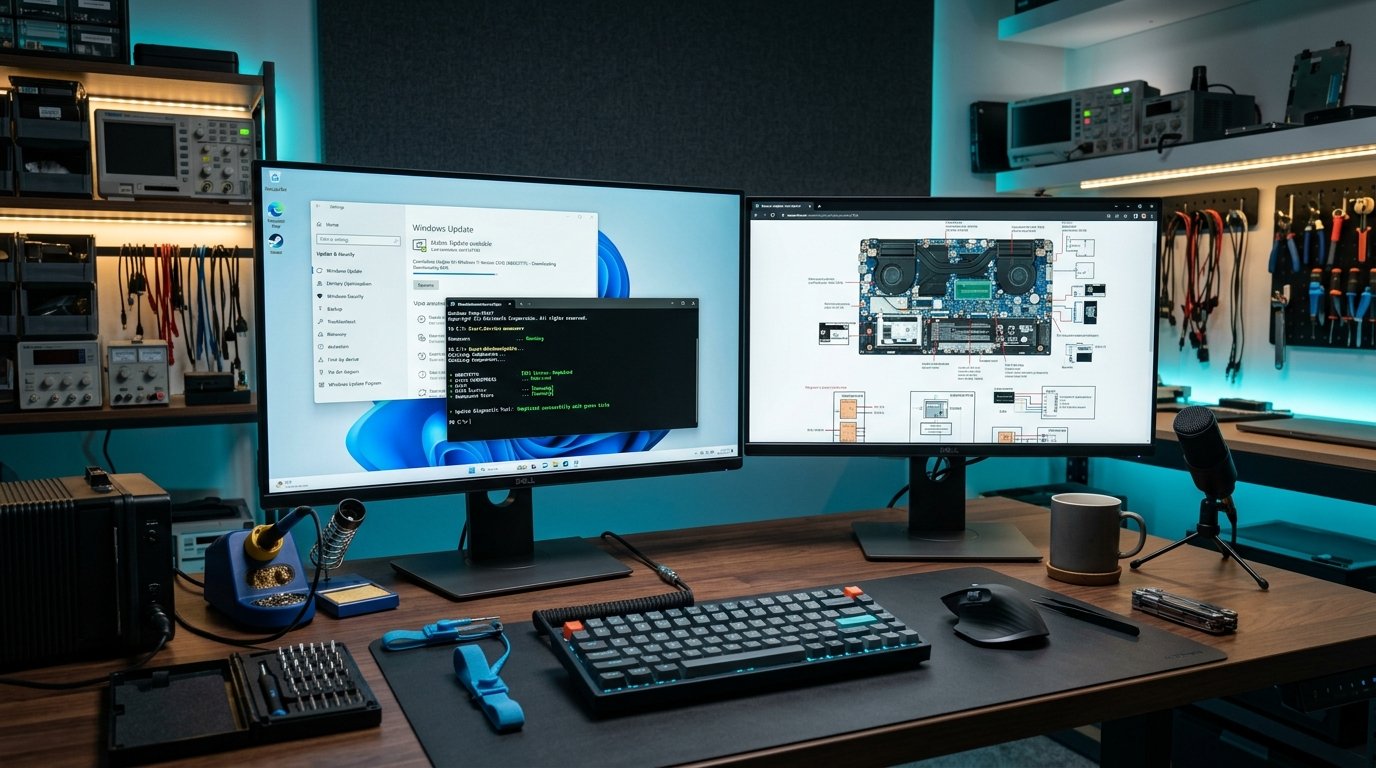 Bancada técnica de manutenção com monitor exibindo diagnóstico do Windows Update e terminal de comandos resolvendo falha de permissão