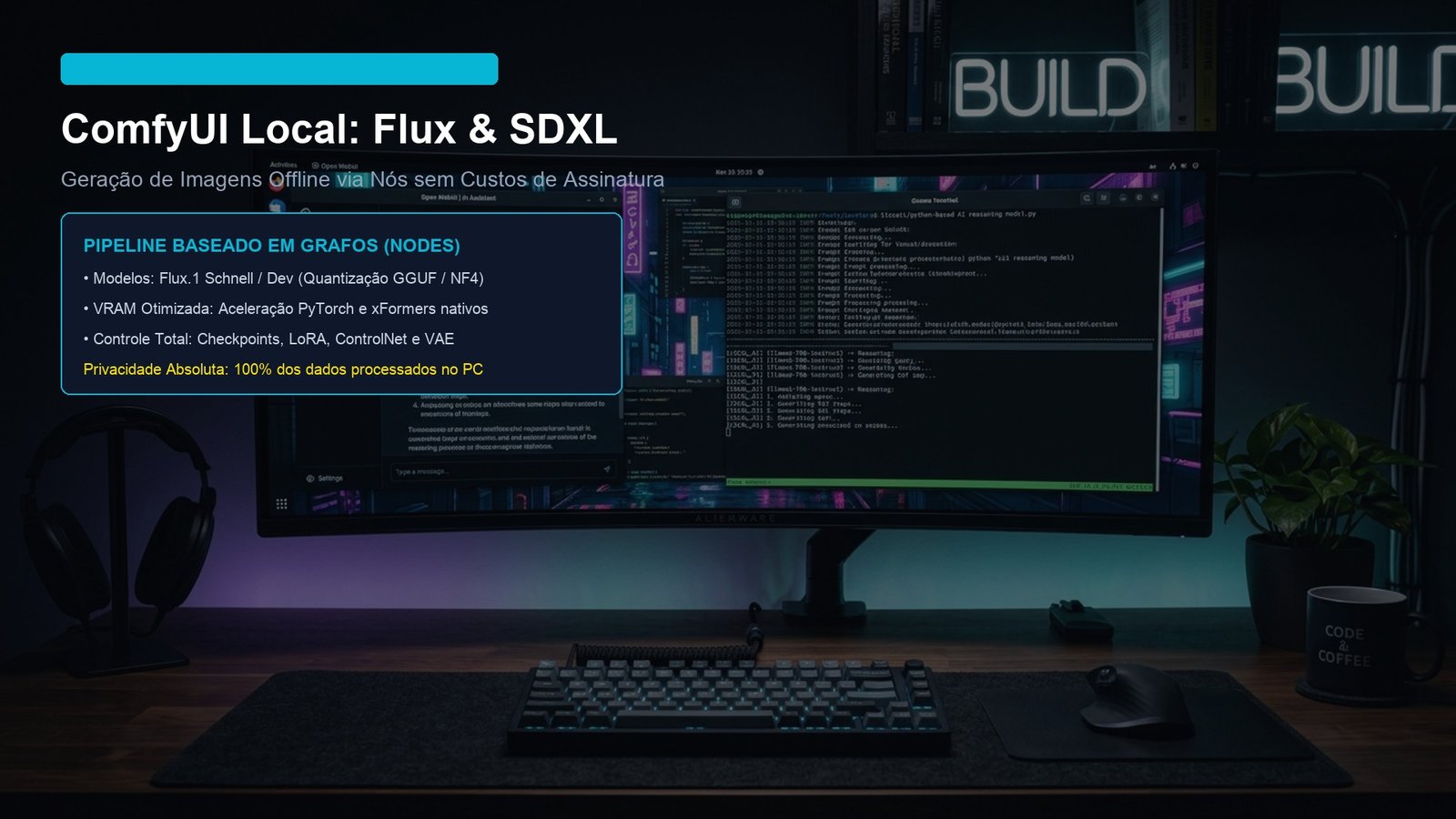 Interface gráfica baseada em nós do ComfyUI exibindo fluxo de trabalho para geração de imagens com modelos Flux e SDXL