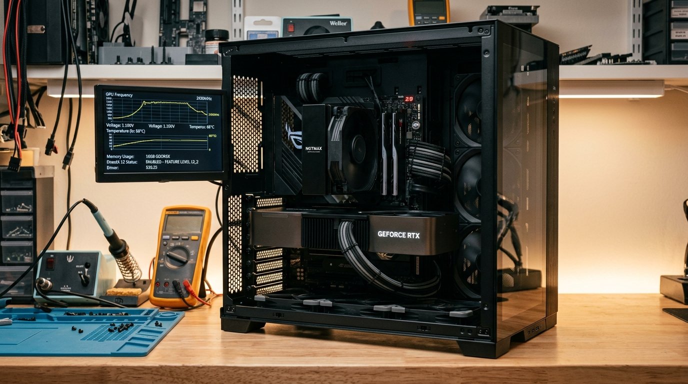 Bancada técnica com placa de vídeo GeForce RTX em gabinete aberto exibindo curvas de frequência e diagnóstico de driver DirectX
