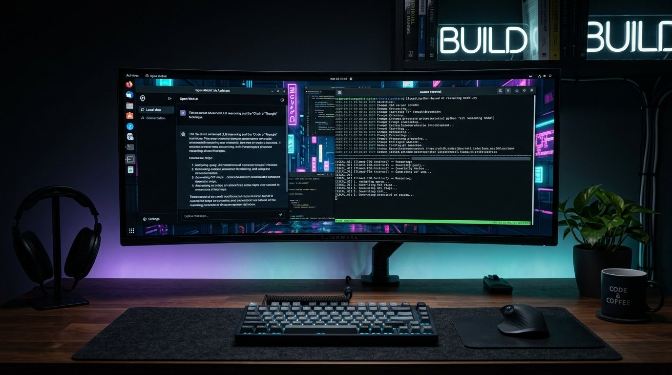 Monitor ultrawide exibindo interface dark mode do Open WebUI com modelo de raciocínio DeepSeek executando em terminal local