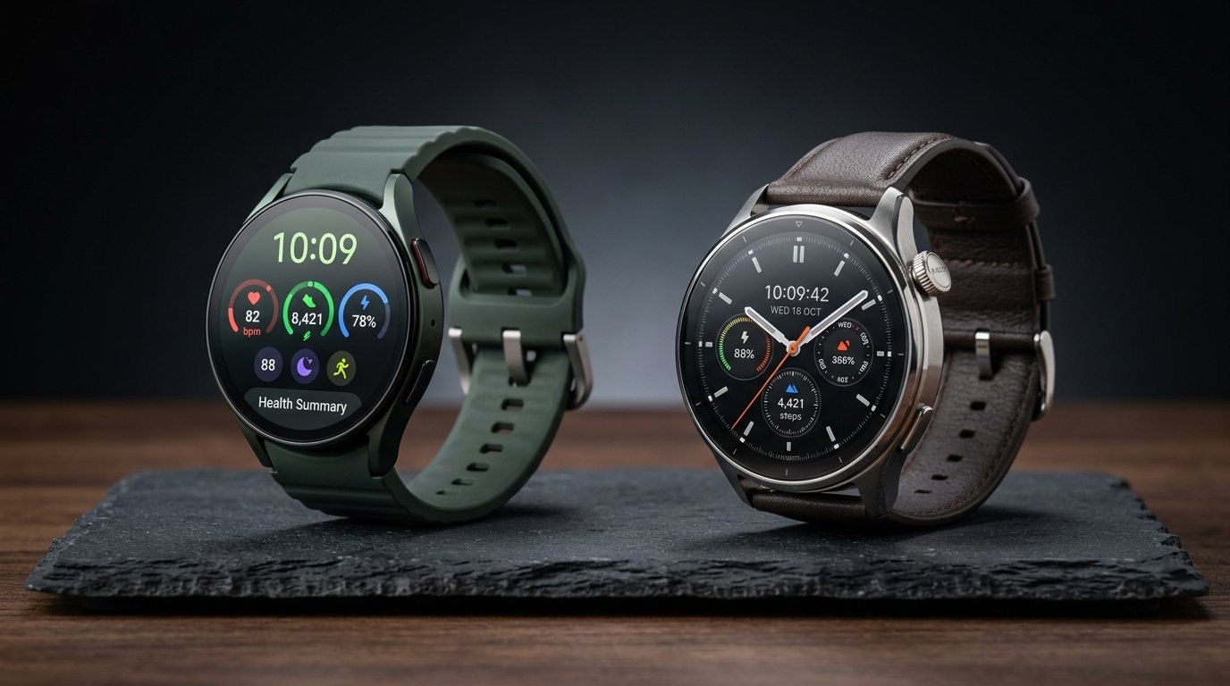 Samsung Galaxy Watch 7 e Xiaomi Watch 2 Pro lado a lado sobre base de pedra ardósia destacando as telas AMOLED circulares