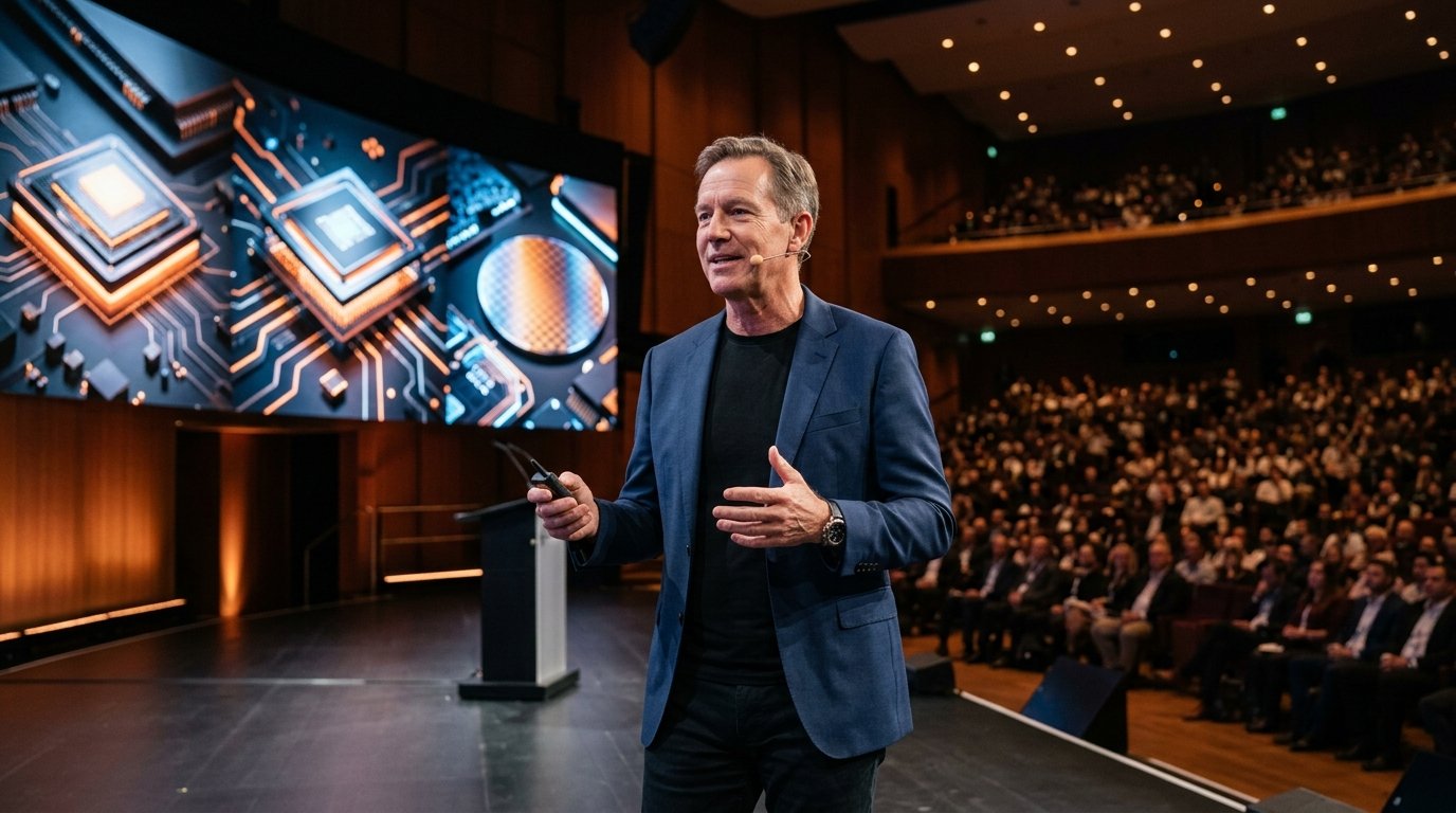 John Ternus apresentando inovacoes de hardware e chips Apple Silicon em palco de keynote da Apple