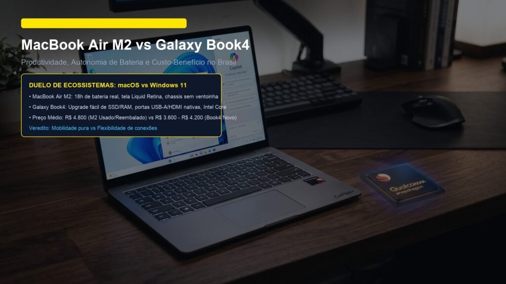 MacBook Air M2 Usado vs Galaxy Book4 Novo: Qual Escolher para Produtividade e Estudos em 2026?