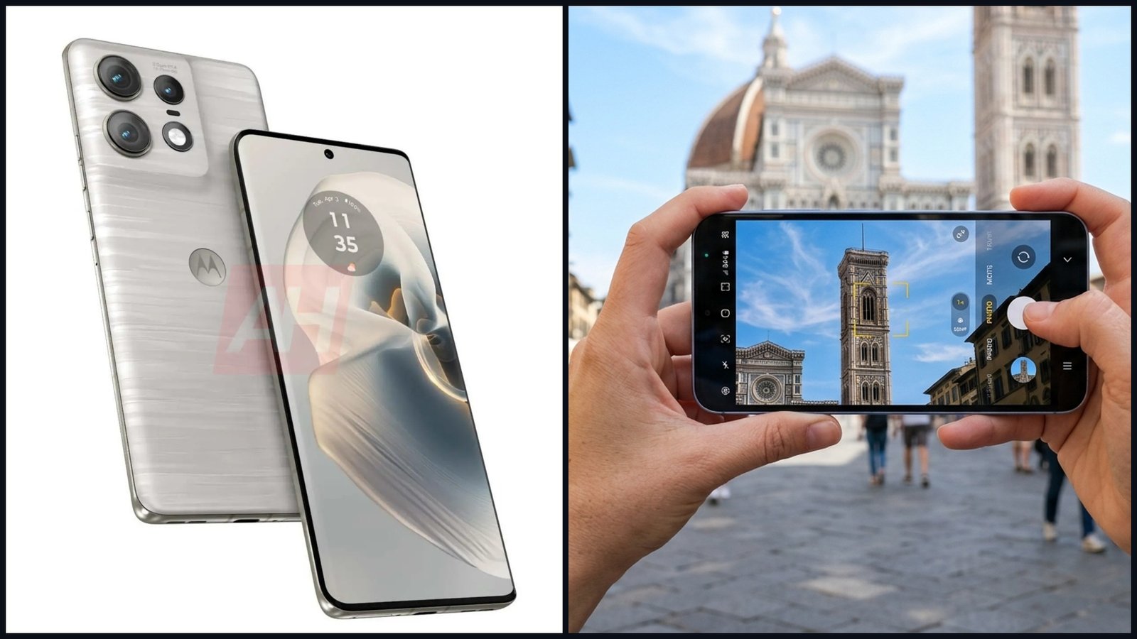 Smartphones Motorola Edge 50 Fusion e Samsung Galaxy A55 lado a lado em acabamento premium comparando módulo de câmeras