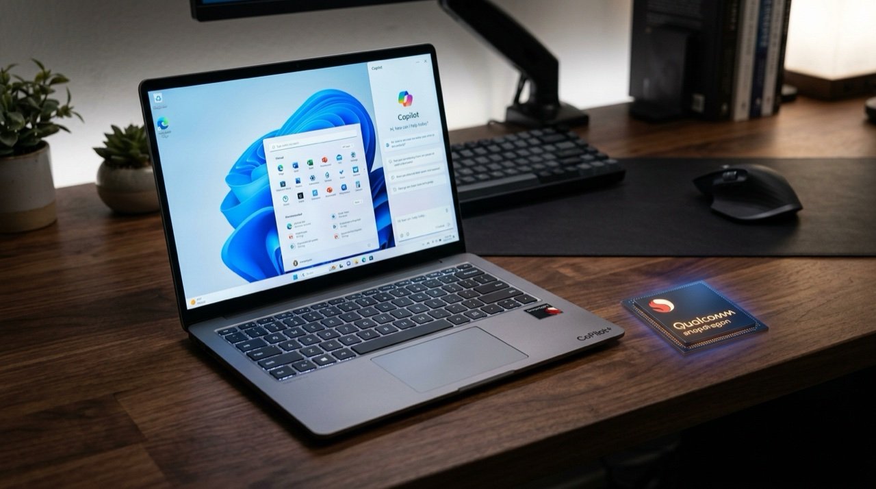 Notebook ultrafino com Windows 11 e chip Qualcomm Snapdragon X Elite em destaque na mesa