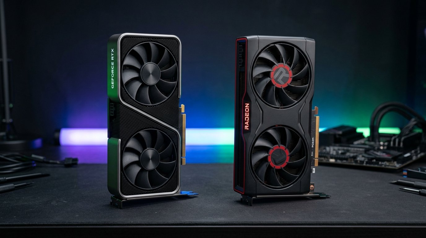 Placas de vídeo GeForce RTX 4060 e Radeon RX 7600 lado a lado sobre bancada com iluminação técnica de estúdio