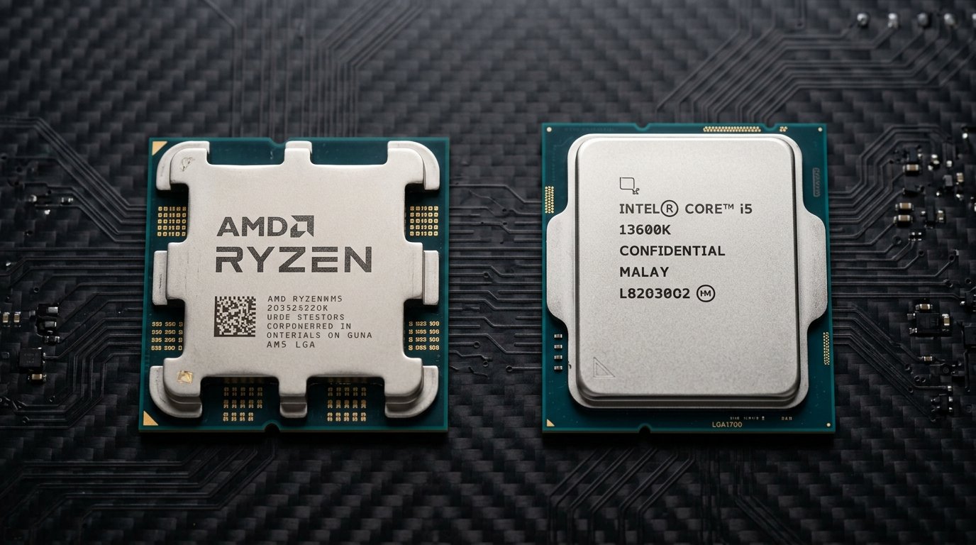 Processadores AMD Ryzen 5 AM5 e Intel Core i5 LGA1700 lado a lado sobre bancada com acabamento em fibra de carbono