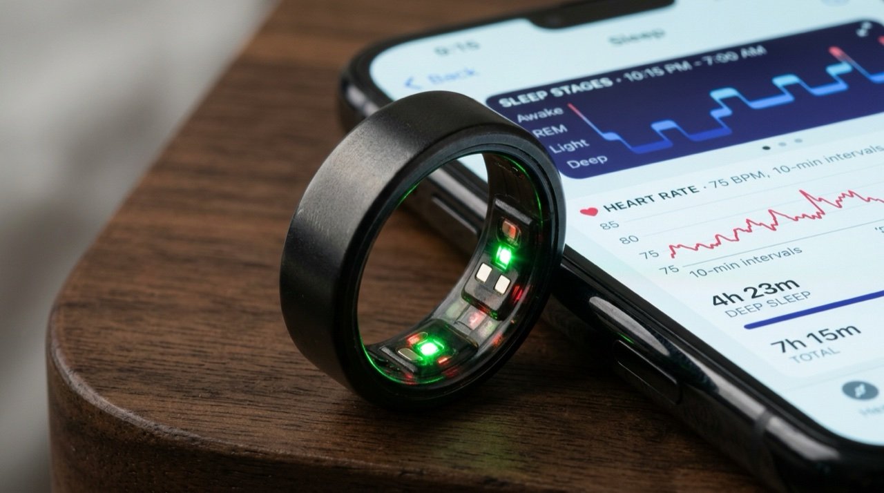 Anel inteligente Smart Ring de titanio mostrando sensores de batimentos cardiacos e monitor de sono no smartphone