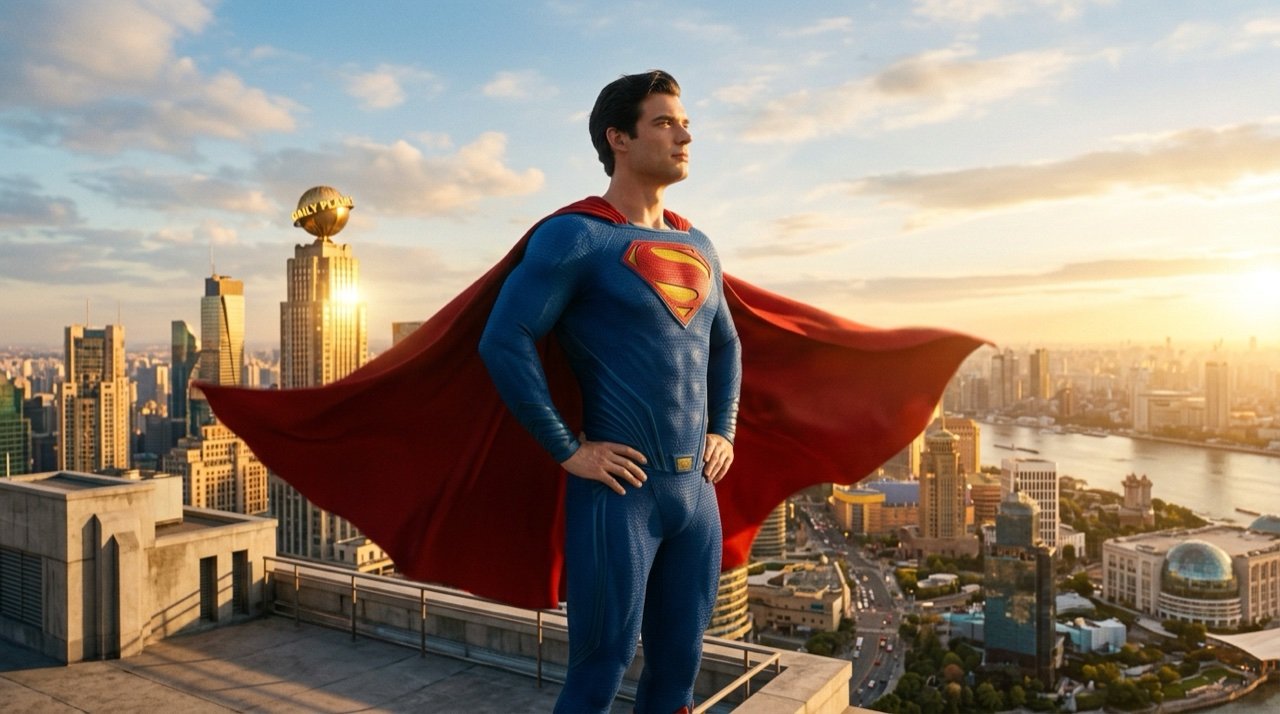 Superman com o classico uniforme azul e capa vermelha contemplando o nascer do sol em Metropolis
