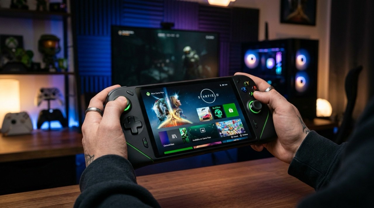 Console portatil Xbox nas maos de um jogador com interface do Game Pass na tela