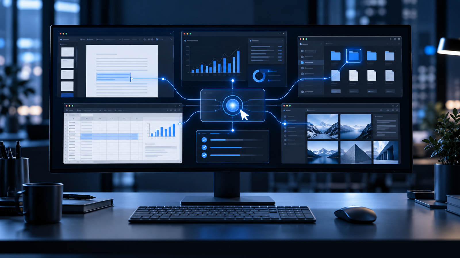 Interface de agente de IA coordenando documentos, planilhas e arquivos em um computador