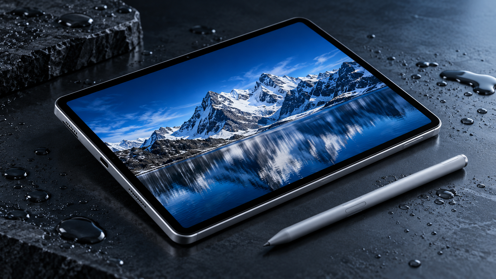 Tablet compacto e fino com tela OLED, caneta e gotas de água sobre uma superfície escura