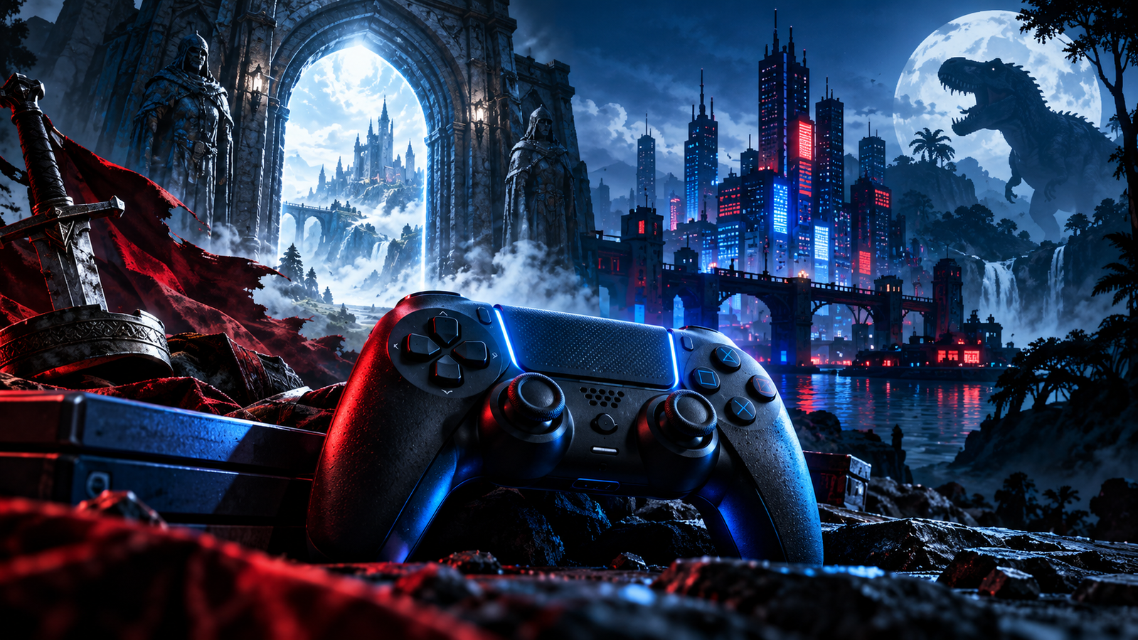 Controle de videogame diante de cenários de fantasia, cidade futurista e dinossauros