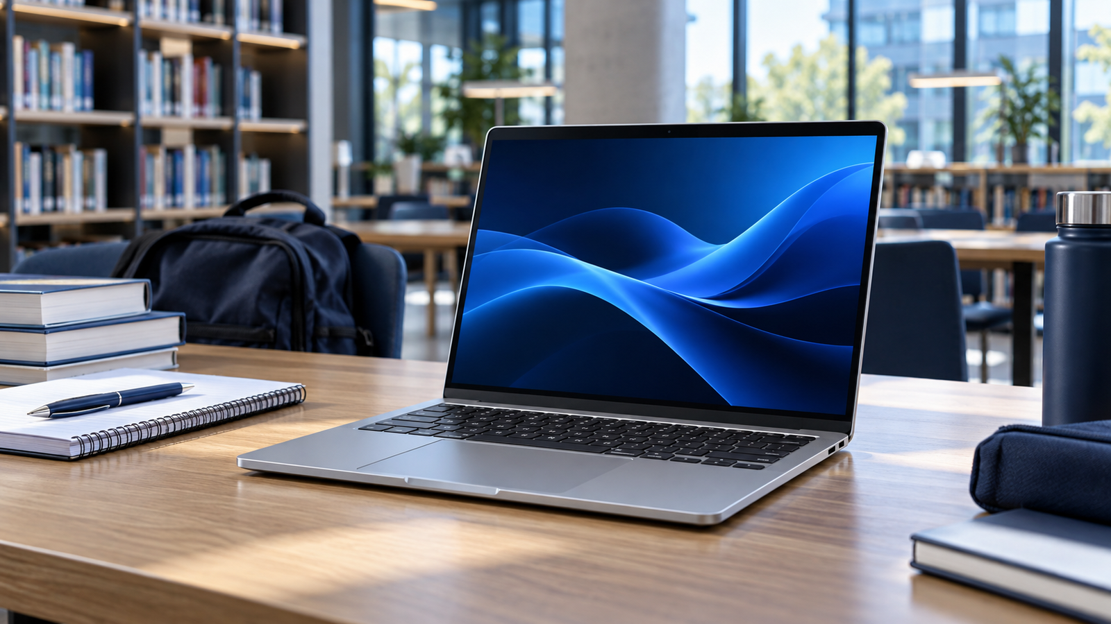 Notebook premium para estudantes em uma biblioteca universitária