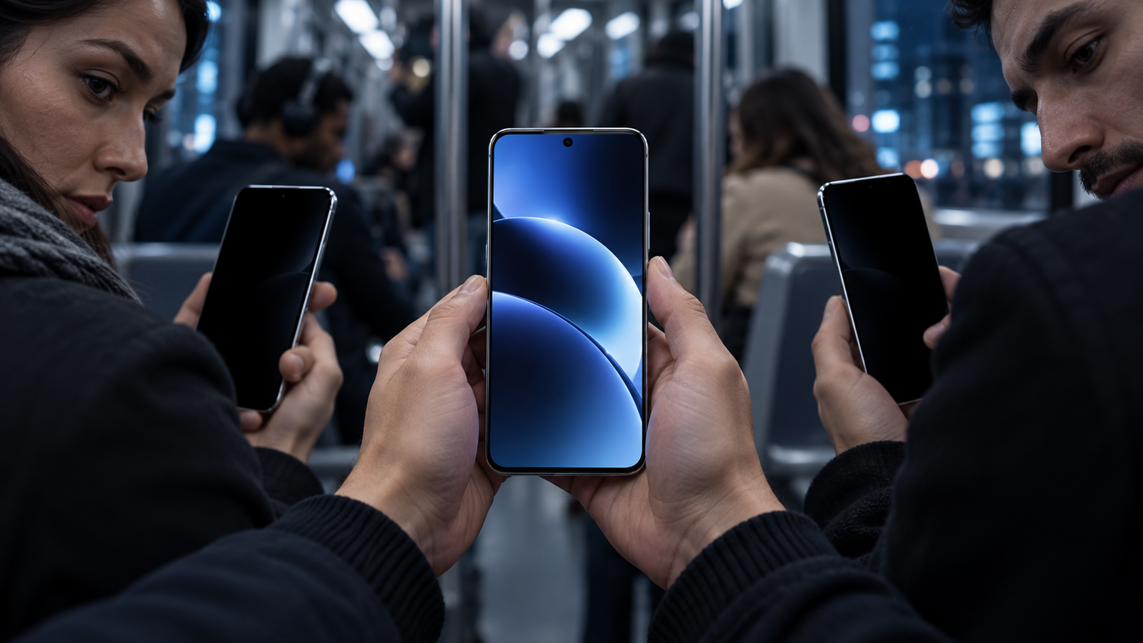 Smartphone com tela visível de frente e escurecida para observadores laterais